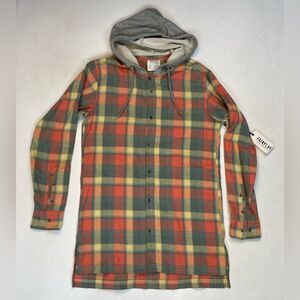 FAIRPLAY Flannel Plaid Hooded Shirt Women Large Orange Green Long NWT
